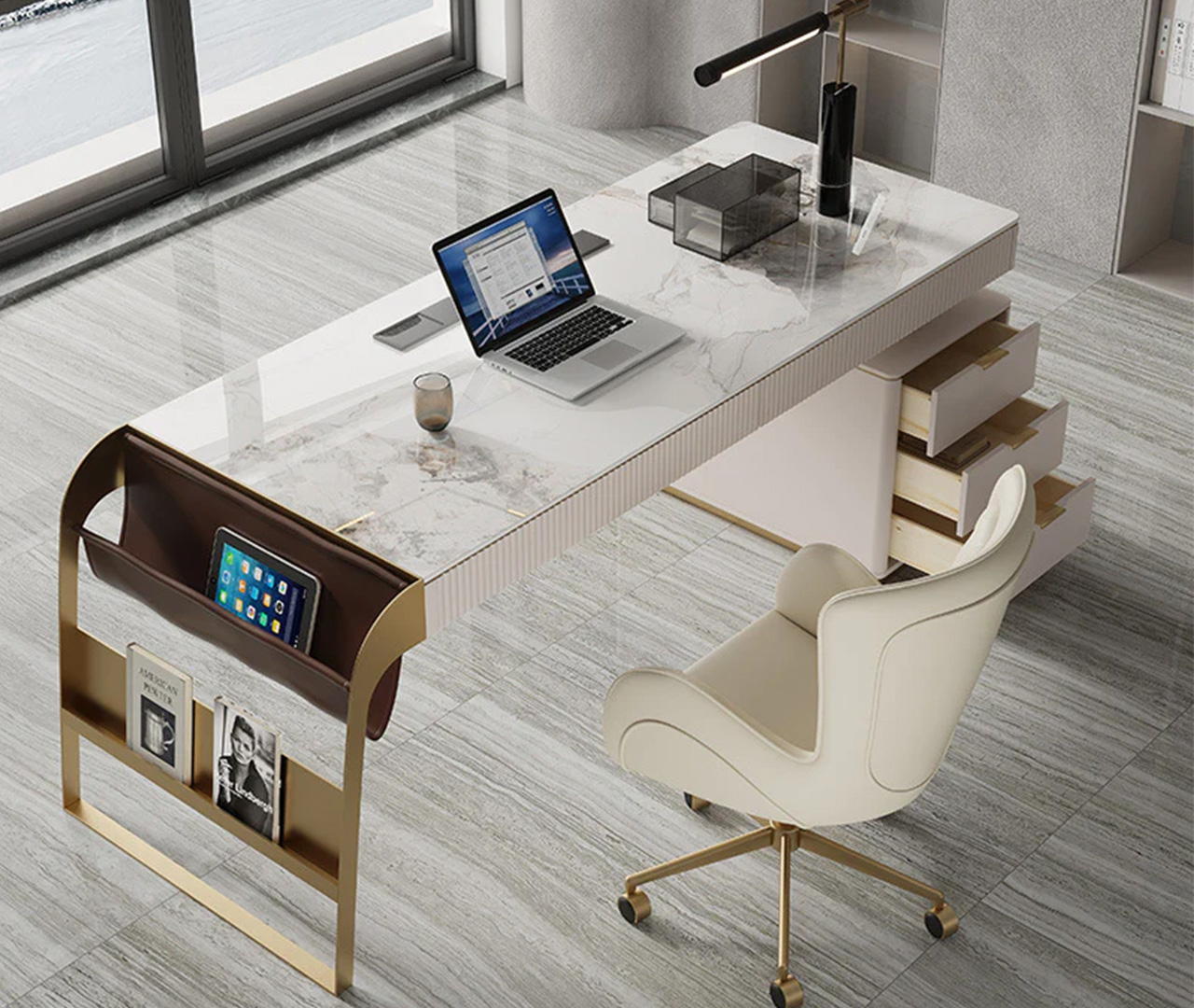 Stainless Steel and Marble Office Desk